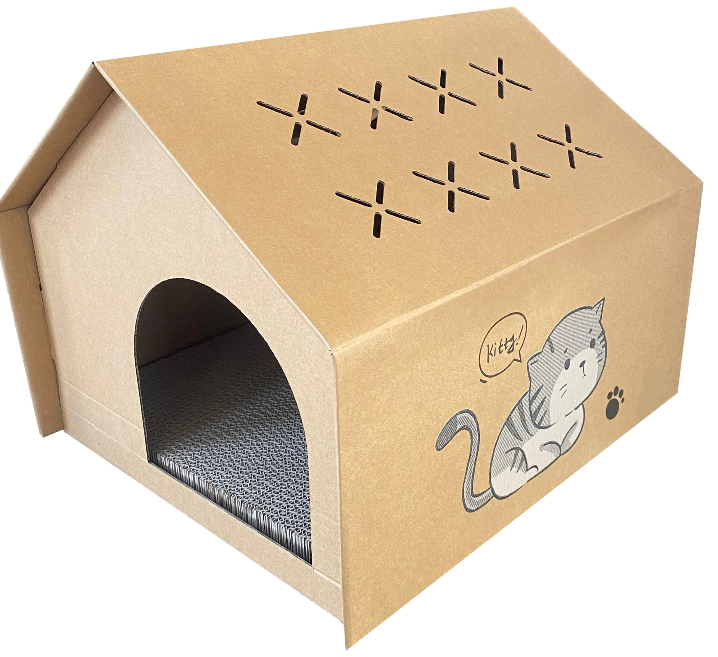 Cardboard cat hideaway with a scratching surface from our supplier range